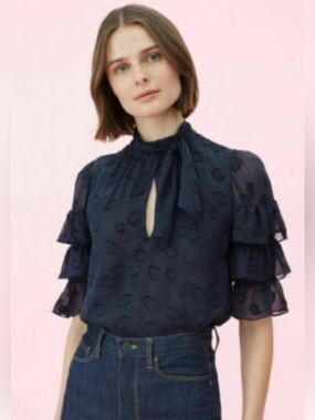 Rebecca Taylor Silk Blouse Short Sleeves Ruffle Pussycat Bow Navy Blue Business